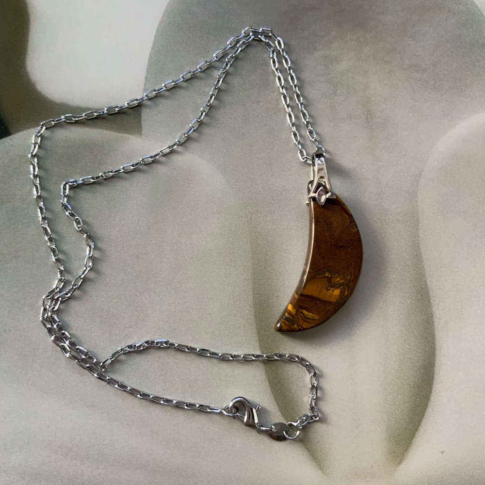 Handcrafted Natural Brown Tiger Eye Gemstone Half Moon on Silver Plated Chain